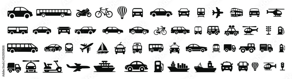 Fototapeta premium Transportation, vehicle icon set. Vector glyph pictograms of travel, logistics, public transit concepts, car, train, bus, bicycle, boat, and airplane black silhouette vector