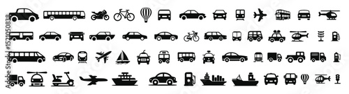 Transportation, vehicle icon set. Vector glyph pictograms of travel, logistics, public transit concepts, car, train, bus, bicycle, boat, and airplane black silhouette vector