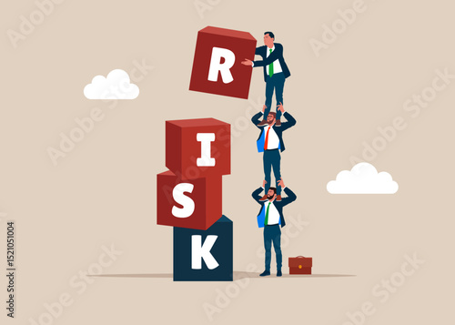 Business people employee holding each other on their shoulders and cubic on stack with the word RISK. Risk management, control or assess to lose money in investing. Flat vector illustration