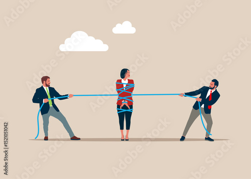 Analyze data, crash and Company Bankruptcy. Woman tied by a rope held by 2 businessmen. Crash in business and career. No income and debt is increasing. Flat vector illustration