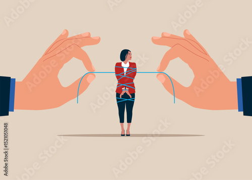 No income and debt is increasing. Woman tied by a rope held by 2 hands. Crash in business and career. Analyze data, crash and Company Bankruptcy. Flat vector illustration
