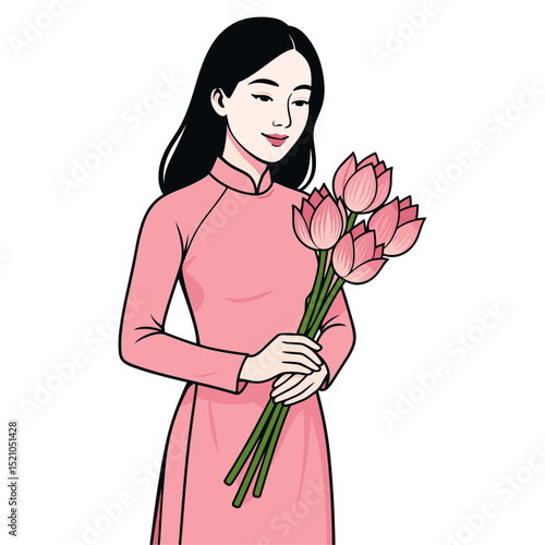Vietnamese Woman in Pink Ao Dai Holding Lotus Bouquet Vector Illustration