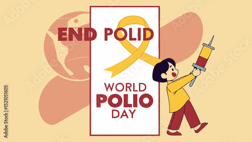 End Polio Day Poster With Child, Large Yellow Ribbon, And Vaccination Symbol Illustration