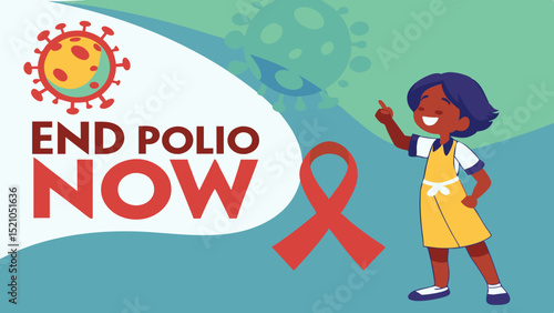 Cartoon Awareness Poster Promoting End Polio Now With Child And Red Ribbon Symbol