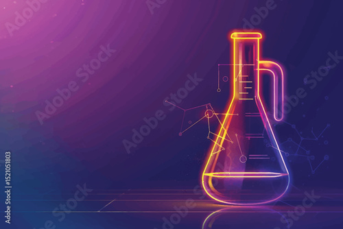 Chemicals of different colors in laboratory flasks on neon background.