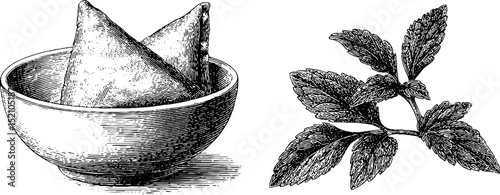 Traditional culinary art: samosa and chutney engraved illustration set for culinary design