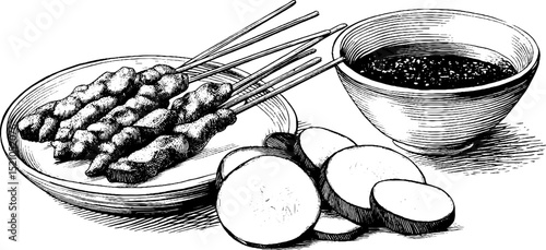 Engraved satay sticks and peanut sauce illustration for culinary art design