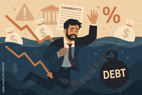 Entrepreneur's financial despair. Businessman drowning, chained to heavy debt. Bankruptcy looms, economic crisis, investment failure. Concept of business collapse, loan burden, market crash, stress.