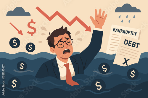 Financial crisis concept. Businessman drowning in debt, overwhelmed by bankruptcy papers. Entrepreneur faces business failure, investment loss, economic recession. Despair, stress metaphor.