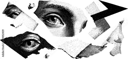 Abstract engraved montage of eyes and textures for creative design