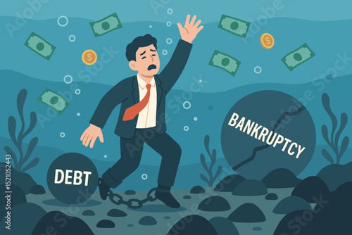 Businessman drowning in debt, chained to financial burden, facing bankruptcy. Entrepreneur's crisis, despair, and failure. Metaphor for economic collapse, money problems, and insolvency.