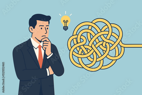 Concept of problem solving: Pensive businessman analyzing complex tangled path. Bright lightbulb signifies innovative idea for solution. Business strategy, challenge, untangling chaos. Vector.