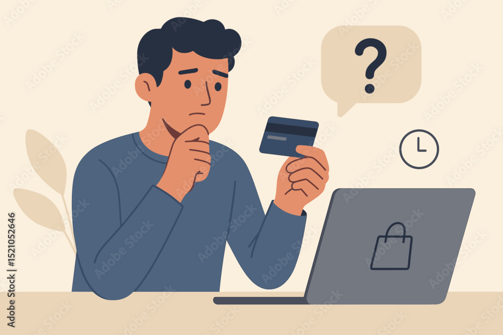 Pensive man with credit card faces e-commerce dilemma at laptop. Uncertain shopper, online payment hesitation, financial decision stress. Question mark, buying consideration, modern consumerism. Pensive man with credit card faces e-commerce dilemma at laptop. Uncertain shopper, online payment hesitation, financial decision stress. Question mark, buying consideration, modern consumerism.