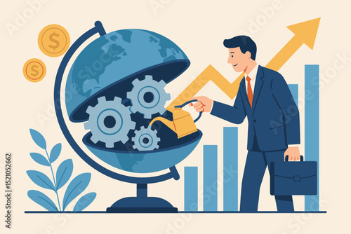 Global economic repair, businessman fostering world economy growth. Watering gears in globe, symbolizing investment, financial recovery, and progress. International market development.
