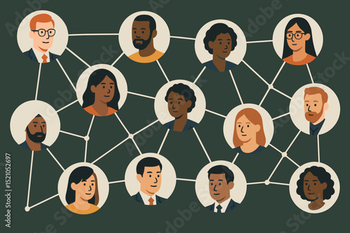 Diverse network collaboration concept. Multicultural professional team connected for global business. Teamwork, community, social networking, and communication. People avatars, flat vector.