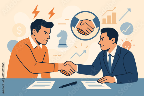 Strategic business negotiation and agreement, handshake deal for partnership and unity, resolving conflict, closing a contract. Two businessmen shaking hands, achieving success, financial growth.