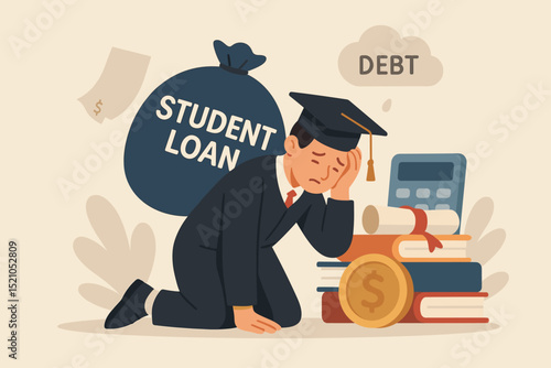 Student loan debt burden concept. Young graduate overwhelmed by education expenses, financial crisis. College tuition struggle, money problems. Stress, despair, uncertainty. Vector illustration.