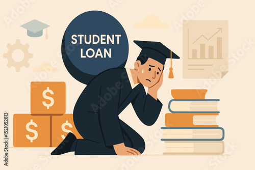 Student loan debt burden concept. Overwhelmed graduate in cap and gown struggling with financial stress from college tuition fees. Higher education cost crisis and future uncertainty vector.