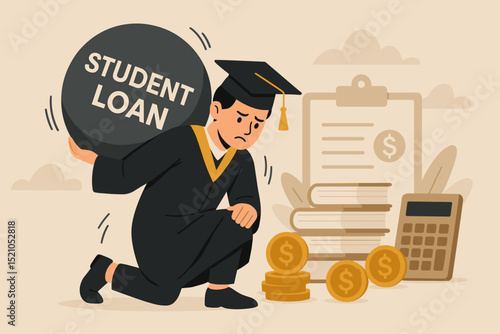 Student loan debt burden. Graduate struggling with financial pressure of education costs. Heavy weight of tuition fees and repayment. Concept of higher education investment and crisis.