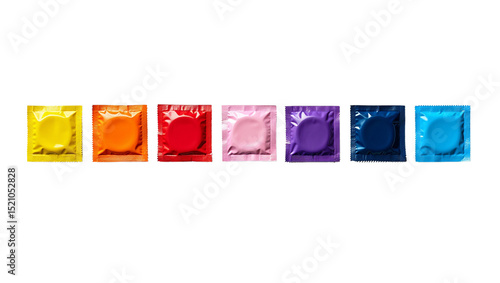 Colorful Condoms in Rainbow Foil Packaging – Safe Sex Concept, Variety Set – Isolated on Transparent Background

