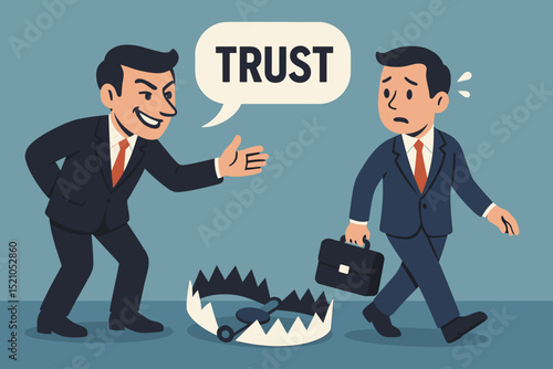 Deceptive Trust: Businessman Lured into Treacherous Trap by Smiling Conman. Business Risk, Deception, Betrayal Concept. Financial Pitfall, Economic Crisis, Danger Ahead.