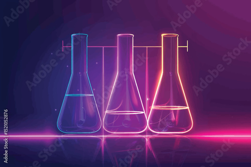Chemicals of different colors in laboratory flasks on neon background.