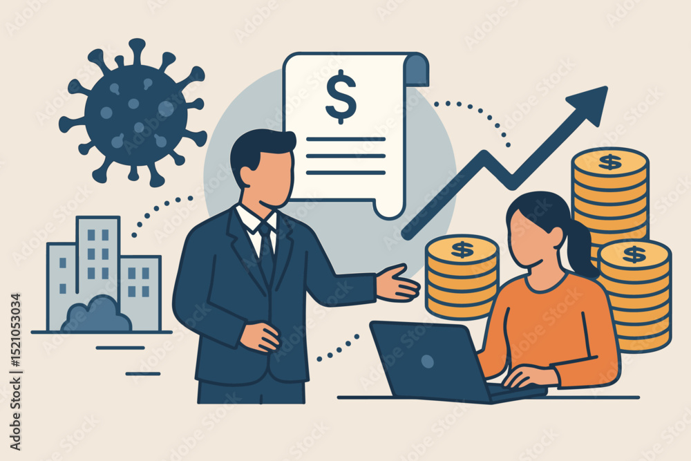 Financial support and salary relief during pandemic. Business economic recovery concept. Corporate consultation for income growth, investment planning, and employee assistance. Financial support and salary relief during pandemic. Business economic recovery concept. Corporate consultation for income growth, investment planning, and employee assistance.