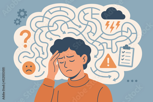 Chaotic mind labyrinth. Mental health issues. Stress, anxiety, confusion, depression, overthinking. Psychology, tangled thoughts, cognitive overload, burnout. Man with headache. Vector.
