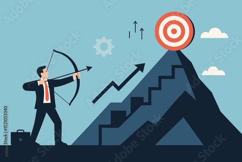 Businessman archer aiming at target on mountain, symbolizing overcoming challenges, achieving success, reaching goals, business strategy, ambition, growth, and financial achievement illustration