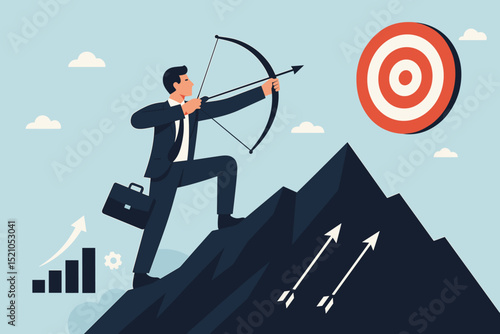 Determined Businessman Conquering Business Challenges, Aiming High for Success, Achieving Career Goals, Overcoming Obstacles, Hitting Target, Financial Growth, Leadership Achievement