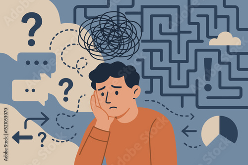 Chaotic mind labyrinth concept. Confused man with tangled thoughts, overthinking, anxiety. Mental health, psychology, stress, problem solving, indecision. Question marks vector art.