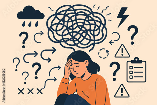 Woman's chaotic mind labyrinth. Tangled thoughts, anxiety, stress, mental health struggles concept. Psychology, depression, confusion, questions, overwhelm, headache. Vector illustration.