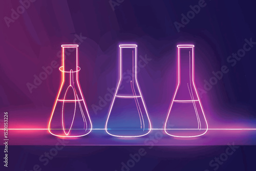 Chemicals of different colors in laboratory flasks on neon background.