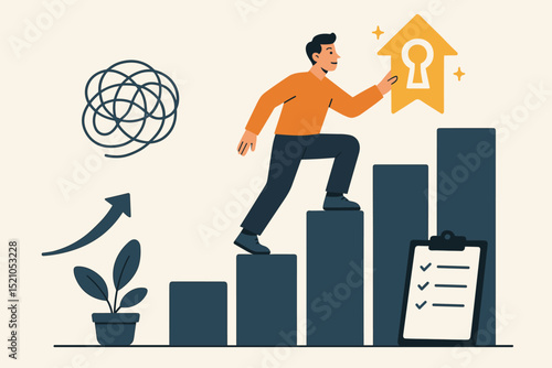 Personal growth journey and business achievement concept. Professional development and career success. Man climbing stairs to unlock opportunities. Overcoming challenges and achieving goals.