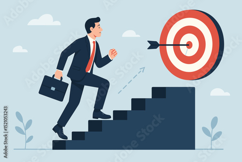 Ambitious businessman climbs steps to success, targeting goals and career growth. Concept of ambition, achieving objectives, overcoming challenges, and professional development.