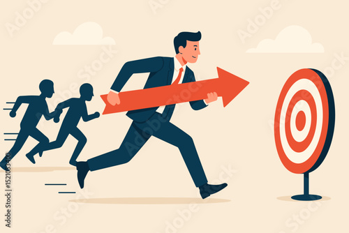 Dynamic businessman leader sprinting towards a clear target with an arrow, symbolizing ambitious goal achievement, progress, and professional success in business growth and strategy