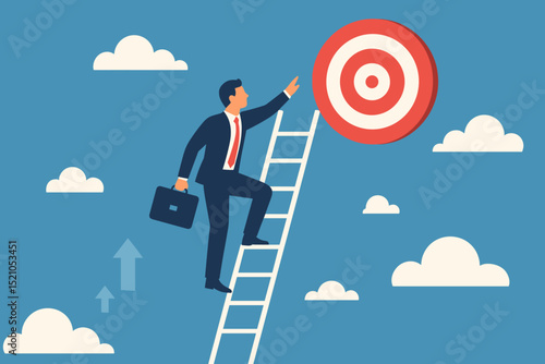 Ambitious businessman climbing a ladder to success, reaching for a target goal. Concept of career aspiration, business challenge, professional growth, achieving aim and overcoming obstacle.