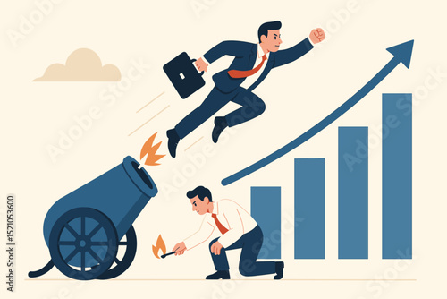 Ambitious Business Launch, Startup Growth, New Idea, Entrepreneurial Success, Economic Uplift, Man Firing Cannon, Flying Businessman, Investment, Project Development, Market Entry