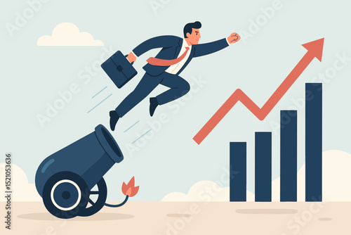 Ambitious Businessman Launched from Cannon Towards Growth Chart, Symbolizing Rapid Business Success, Economic Recovery, and Accelerated Project Startup or Financial Market Launch