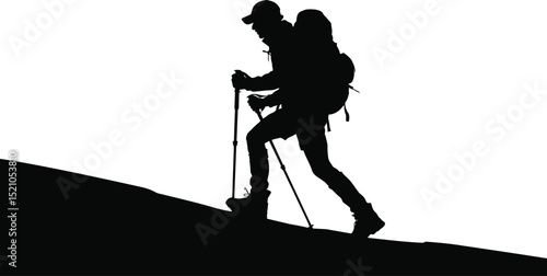 A lone photographer with a tripod captures the adventurous silhouette of a woman hiking through a mountain landscape at sunset