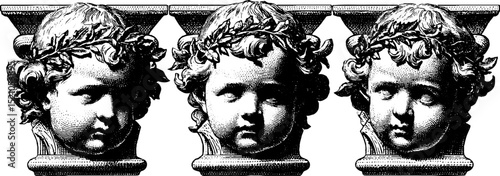 Engraved illustration set of sculpted cherubs in detailed artistic design