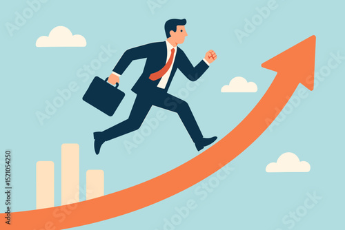 Ambitious businessman successfully climbing arrow upwards, symbolizing career growth, financial success, professional development, increasing opportunity, progress, and business achievement