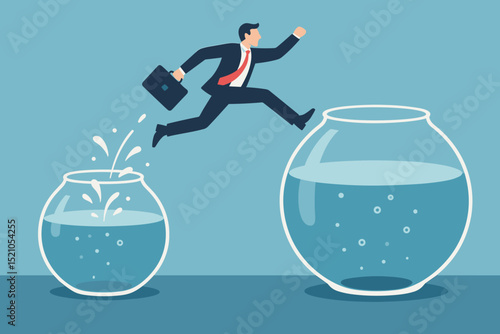Ambitious businessman leaping from small fishbowl to larger one, symbolizing career growth, challenge, success, opportunity, business expansion, professional development, and overcoming limitations.