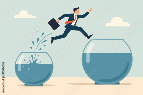 Ambitious businessman leaping over financial challenge and obstacle to success. Overcoming risk, crisis, difficulty. Growth, development, and progress concept with determination.