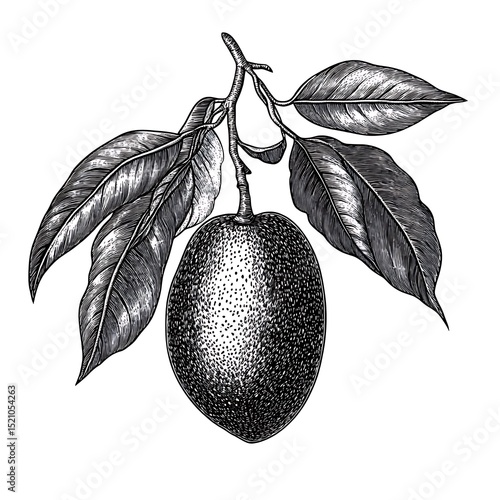Hand drawn ripe mango hanging from a branch surrounded by lush leaves in black and white