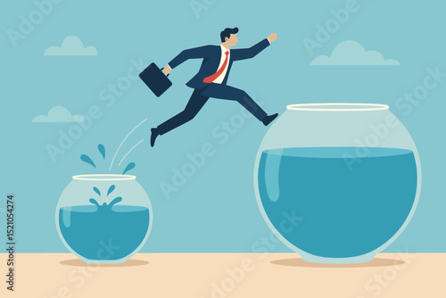 Ambitious businessman leaping from small fishbowl to larger one, symbolizing business growth, career advancement, overcoming challenges, success, and escaping comfort zone
