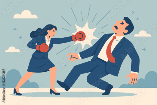 Triumphant Businesswoman Knocks Out Businessman. Boxing Match. Business Competition. Woman Power. Achievement. Success. Gender Equality. Victory. Winner. Leadership. Domination.