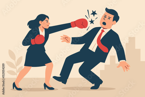Businesswoman Knocks Out Businessman with Boxing Glove. Female Empowerment, Corporate Fight, Gender Equality, Competition, Success, Career, Punch, Victory, Strong Woman.
