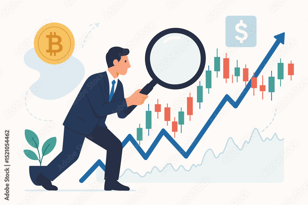 Businessman analyzing stock market trends, financial growth, and cryptocurrency investments. Investor character researching forex trading, economic data, and business analytics for wealth management. Businessman analyzing stock market trends, financial growth, and cryptocurrency investments. Investor character researching forex trading, economic data, and business analytics for wealth management.