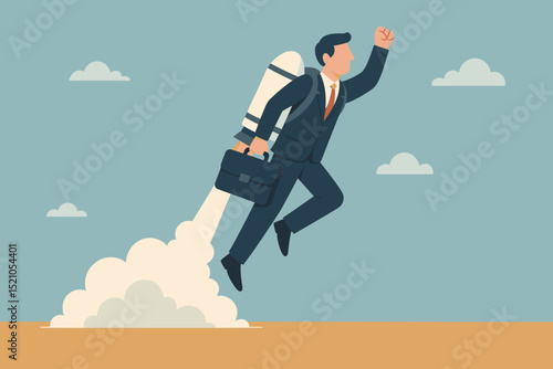 Ambitious businessman launching with jetpack, symbolizing career advancement, startup success, innovation, opportunity, growth, leadership, future vision, business progress, and achieving goals.